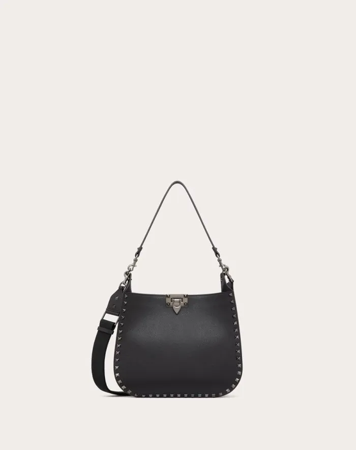 Valentino Shoulder Bags Woman Valentino Garavani Rockstud Hobo Bag In Grainy Calfskin For Woman In Black Black Valentino Shoulder Bags Woman Valentino Garavani Rockstud Hobo Bag In Grainy Calfskin For Woman In Black Black