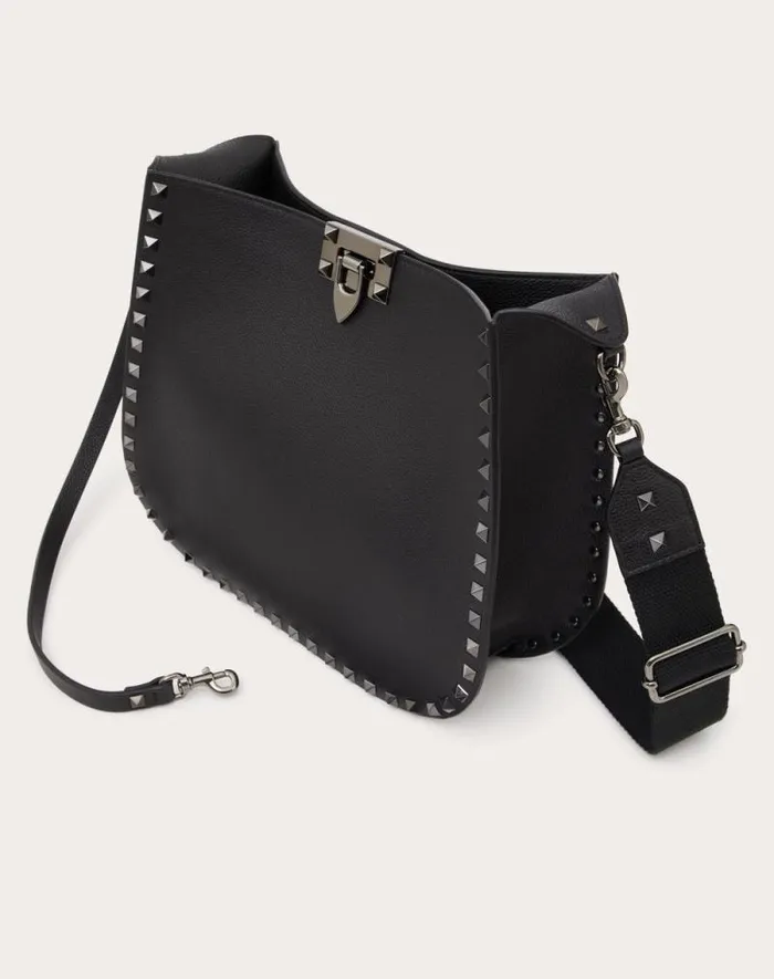 Valentino Shoulder Bags Woman Valentino Garavani Rockstud Hobo Bag In Grainy Calfskin For Woman In Black Black Valentino Shoulder Bags Woman Valentino Garavani Rockstud Hobo Bag In Grainy Calfskin For Woman In Black Black
