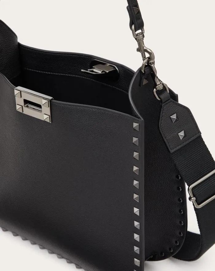 Valentino Shoulder Bags Woman Valentino Garavani Rockstud Hobo Bag In Grainy Calfskin For Woman In Black Black Valentino Shoulder Bags Woman Valentino Garavani Rockstud Hobo Bag In Grainy Calfskin For Woman In Black Black