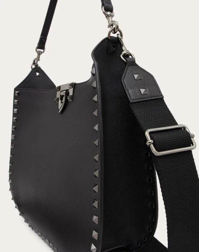 Valentino Shoulder Bags Woman Valentino Garavani Rockstud Hobo Bag In Grainy Calfskin For Woman In Black Black Valentino Shoulder Bags Woman Valentino Garavani Rockstud Hobo Bag In Grainy Calfskin For Woman In Black Black