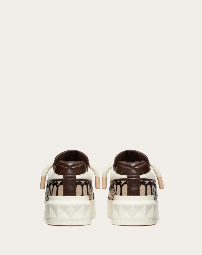 Valentino Sneakers Man One Stud Xl Lowtop Sneaker In Nappa Leather And Toile Iconographe Fabric For Man In Beigeblack Beigeblack