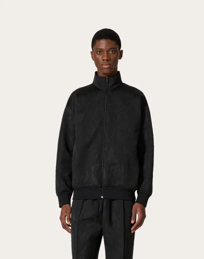 Valentino Tshirts And Sweatshirts Man Acetate Zipup Turtleneck Sweatshirt In Allover Camounoir Pattern For Man In Black Black