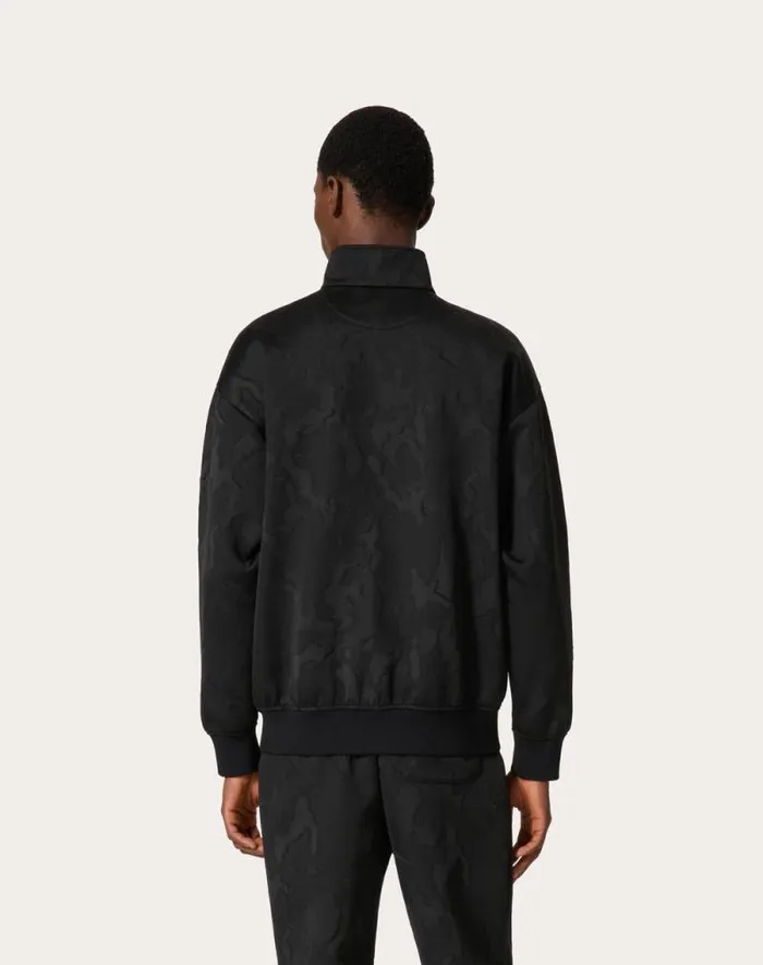 Valentino Tshirts And Sweatshirts Man Acetate Zipup Turtleneck Sweatshirt In Allover Camounoir Pattern For Man In Black Black
