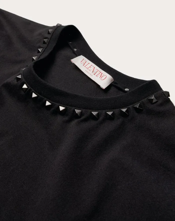 Valentino Tshirts And Sweatshirts Man Cotton Crewneck Tshirt With Black Untitled Studs For Man In Black Black
