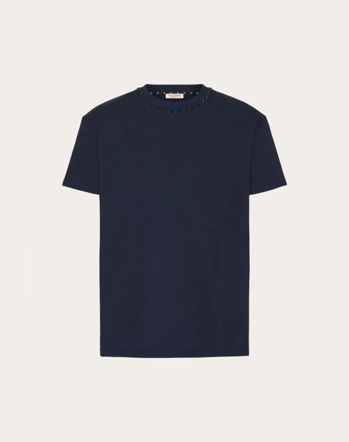 Valentino Tshirts And Sweatshirts Man Cotton Crewneck Tshirt With Black Untitled Studs For Man In Black Black
