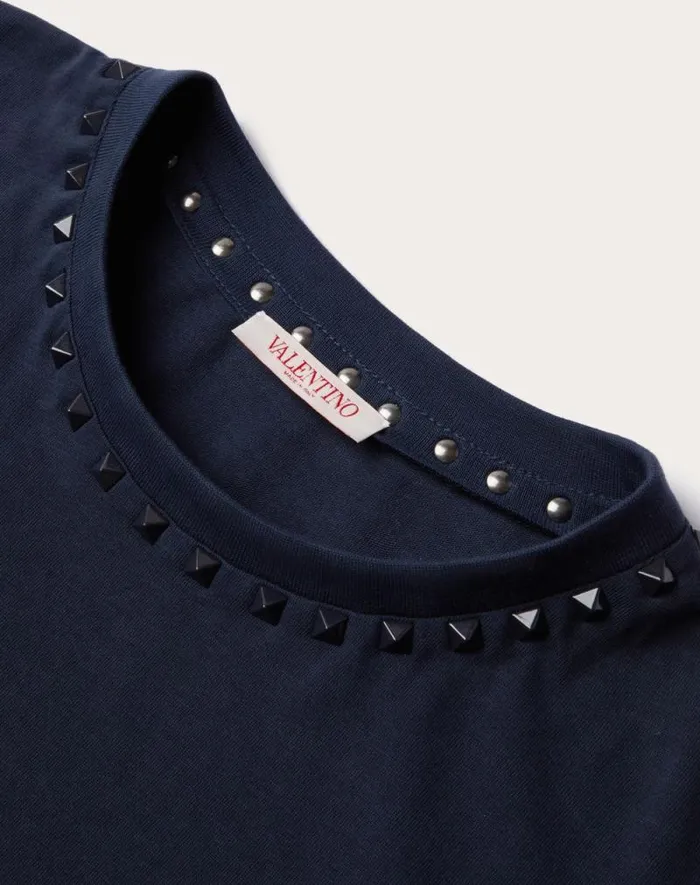 Valentino Tshirts And Sweatshirts Man Cotton Crewneck Tshirt With Black Untitled Studs For Man In Black Black