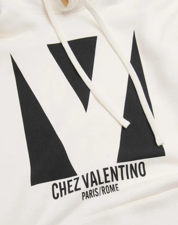 Valentino Tshirts And Sweatshirts Man Cotton Hooded Sweatshirt With Chez Valentino Print For Man In Ivory Ivory Valentino Tshirts And Sweatshirts Man Cotton Hooded Sweatshirt With Chez Valentino Print For Man In Ivory Ivory