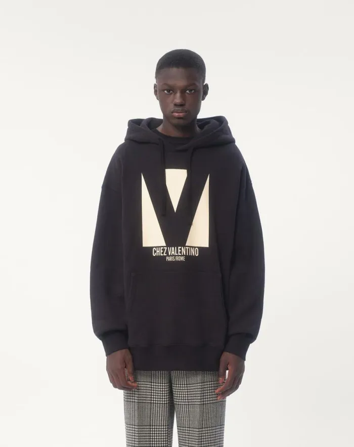 Valentino Tshirts And Sweatshirts Man Cotton Hooded Sweatshirt With Chez Valentino Print For Man In Ivory Ivory Valentino Tshirts And Sweatshirts Man Cotton Hooded Sweatshirt With Chez Valentino Print For Man In Ivory Ivory