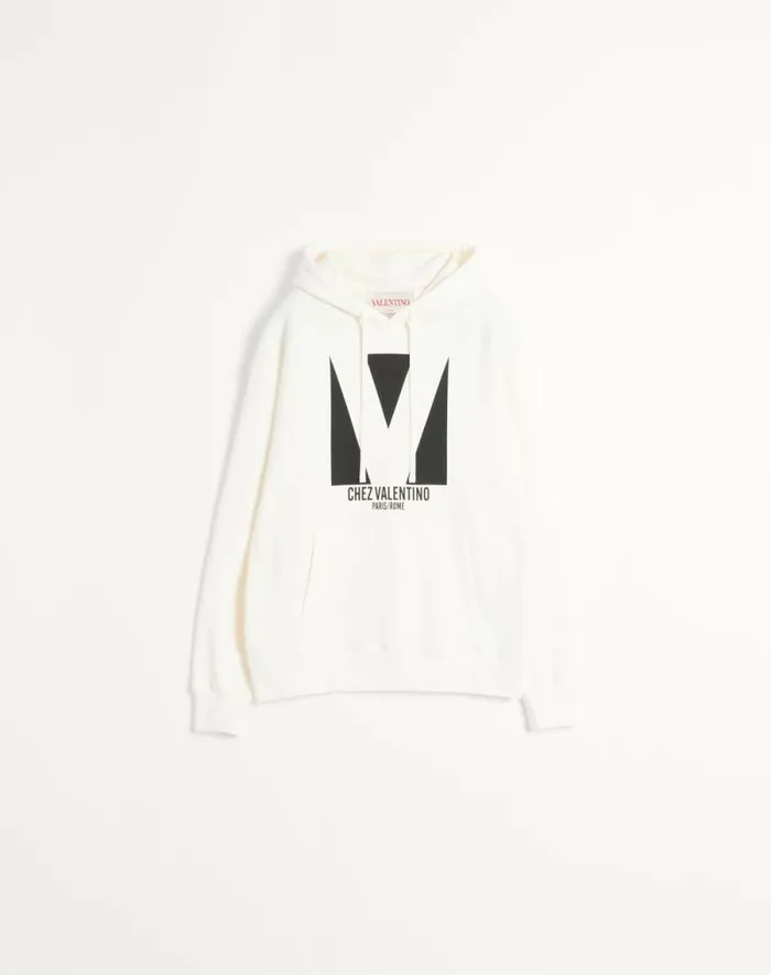 Valentino Tshirts And Sweatshirts Man Cotton Hooded Sweatshirt With Chez Valentino Print For Man In Ivory Ivory Valentino Tshirts And Sweatshirts Man Cotton Hooded Sweatshirt With Chez Valentino Print For Man In Ivory Ivory