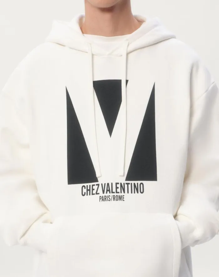 Valentino Tshirts And Sweatshirts Man Cotton Hooded Sweatshirt With Chez Valentino Print For Man In Ivory Ivory Valentino Tshirts And Sweatshirts Man Cotton Hooded Sweatshirt With Chez Valentino Print For Man In Ivory Ivory