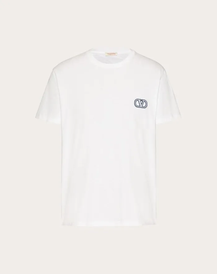 Valentino Tshirts And Sweatshirts Man Cotton Tshirt With Vlogo Signature Patch For Man In White White Valentino Tshirts And Sweatshirts Man Cotton Tshirt With Vlogo Signature Patch For Man In White White