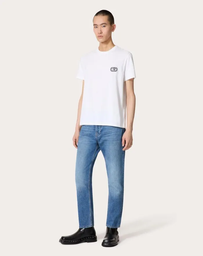 Valentino Tshirts And Sweatshirts Man Cotton Tshirt With Vlogo Signature Patch For Man In White White