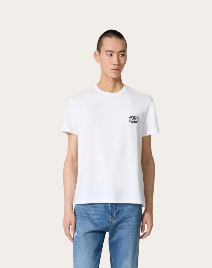Valentino Tshirts And Sweatshirts Man Cotton Tshirt With Vlogo Signature Patch For Man In White White