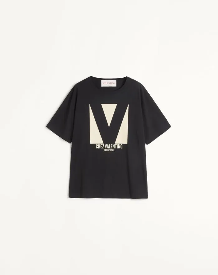 Valentino Tshirts And Sweatshirts Woman Jersey Cotton Tshirt With Chez Valentino Print For Woman In Black Black Valentino Tshirts And Sweatshirts Woman Jersey Cotton Tshirt With Chez Valentino Print For Woman In Black Black