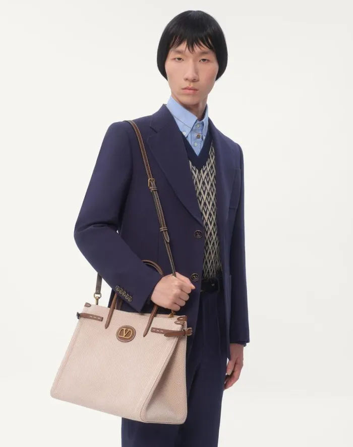 Valentino Totes Man Valentino Garavani Antibes Medium Canvas Shopping Bag For Man In Naturaltobaccoteak Brown Naturaltobaccoteak Brown