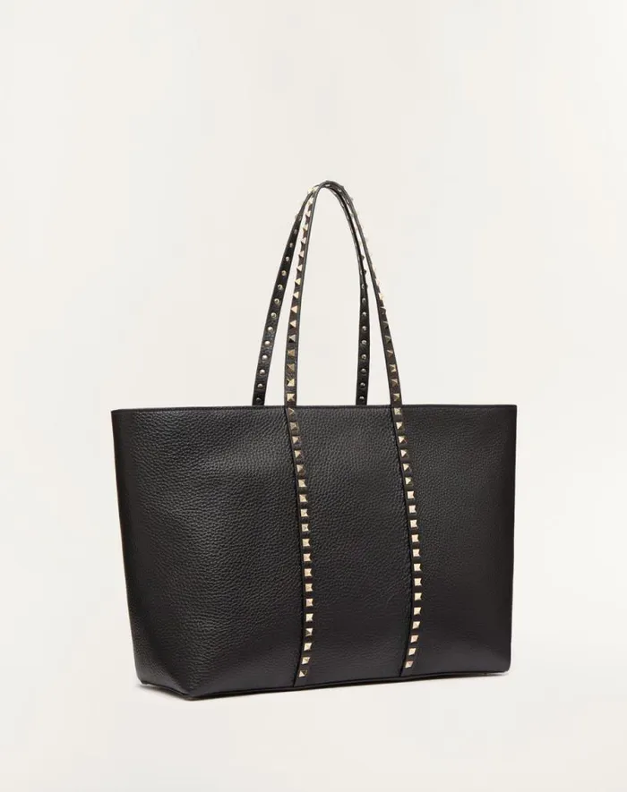 Valentino Totes Woman Valentino Garavani Rockstud Shopping Bag In Grainy Calfskin For Woman In Black Black Valentino Totes Woman Valentino Garavani Rockstud Shopping Bag In Grainy Calfskin For Woman In Black Black