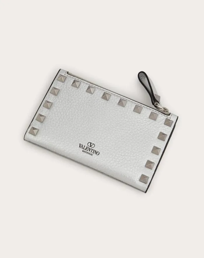 Valentino Wallets And Small Leather Goods Woman Rockstud Grainy Metallic Calfskin Card Holder With Zipper For Woman In Silver Silver