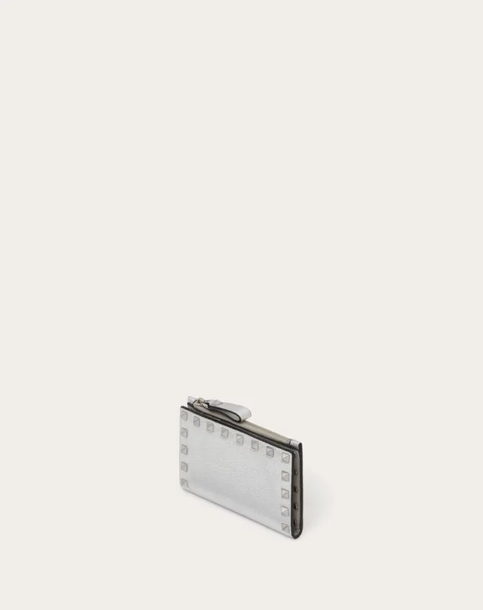 Valentino Wallets And Small Leather Goods Woman Rockstud Grainy Metallic Calfskin Card Holder With Zipper For Woman In Silver Silver