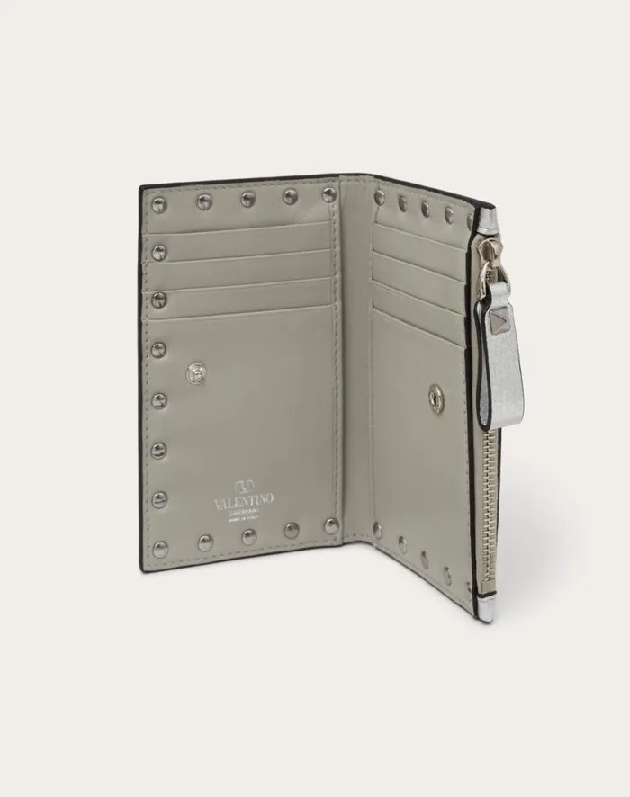 Valentino Wallets And Small Leather Goods Woman Rockstud Grainy Metallic Calfskin Card Holder With Zipper For Woman In Silver Silver