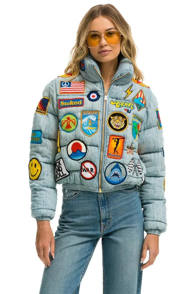 Vintage Patch Denim Apres Puffer Jacket 8211 Vintage WomenMen Aviator Nation Denim