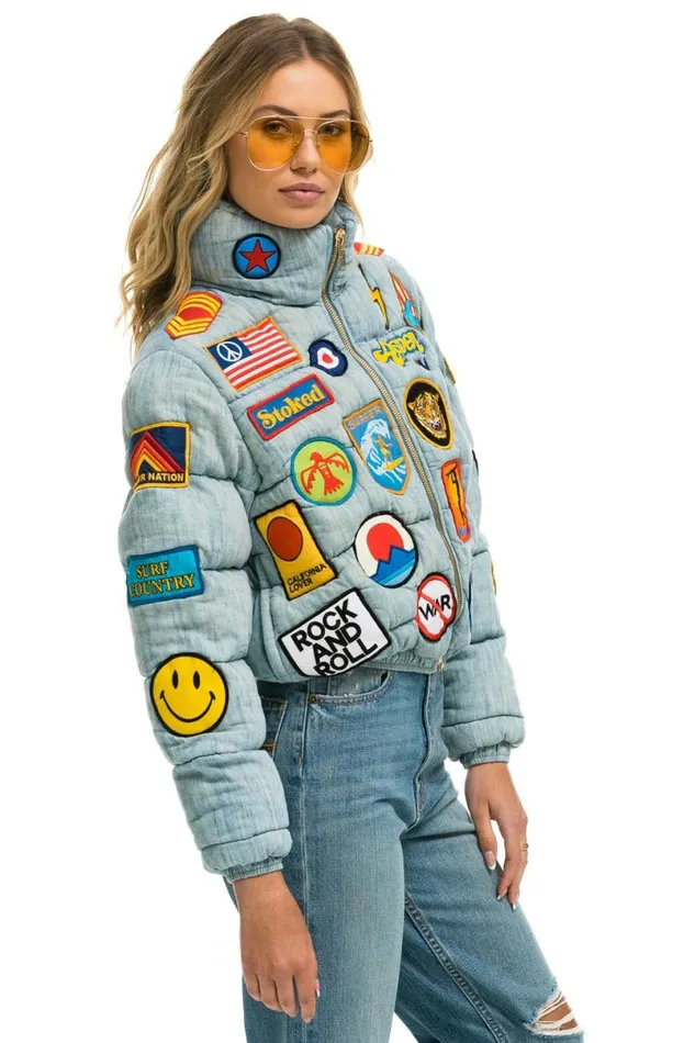 Vintage Patch Denim Apres Puffer Jacket 8211 Vintage WomenMen Aviator Nation Denim