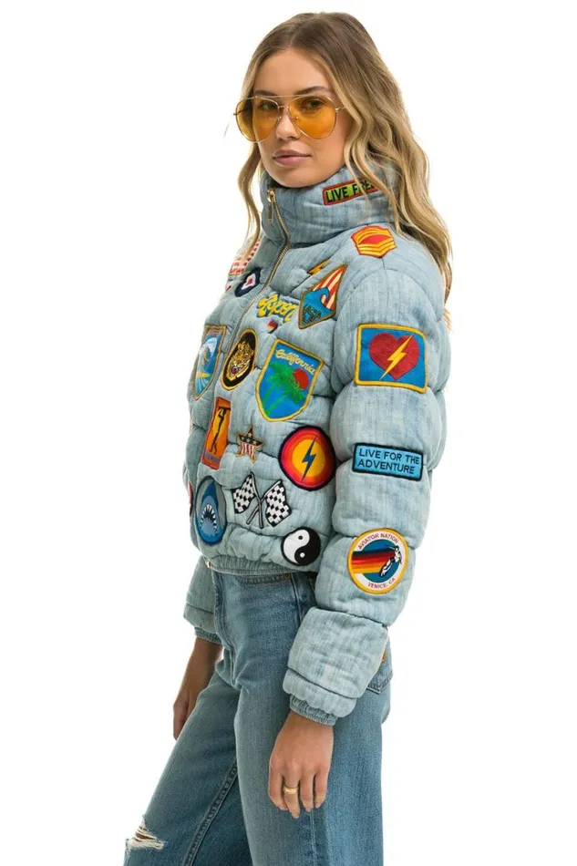 Vintage Patch Denim Apres Puffer Jacket 8211 Vintage WomenMen Aviator Nation Denim