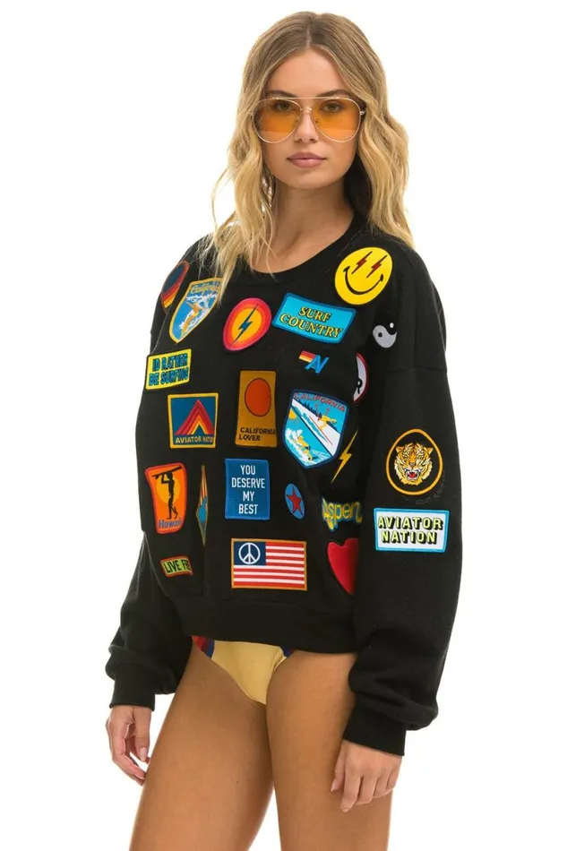 Vintage Patch Relaxed Crew Sweatshirt 8211 Black WomenMen Aviator Nation Sweatshirts
