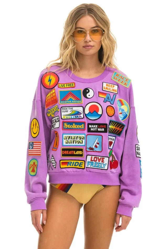 Vintage Patch Relaxed Crew Sweatshirt 8211 Neon Purple WomenMen Aviator Nation Sweatshirts