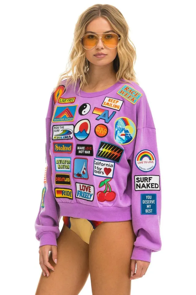 Vintage Patch Relaxed Crew Sweatshirt 8211 Neon Purple WomenMen Aviator Nation Sweatshirts