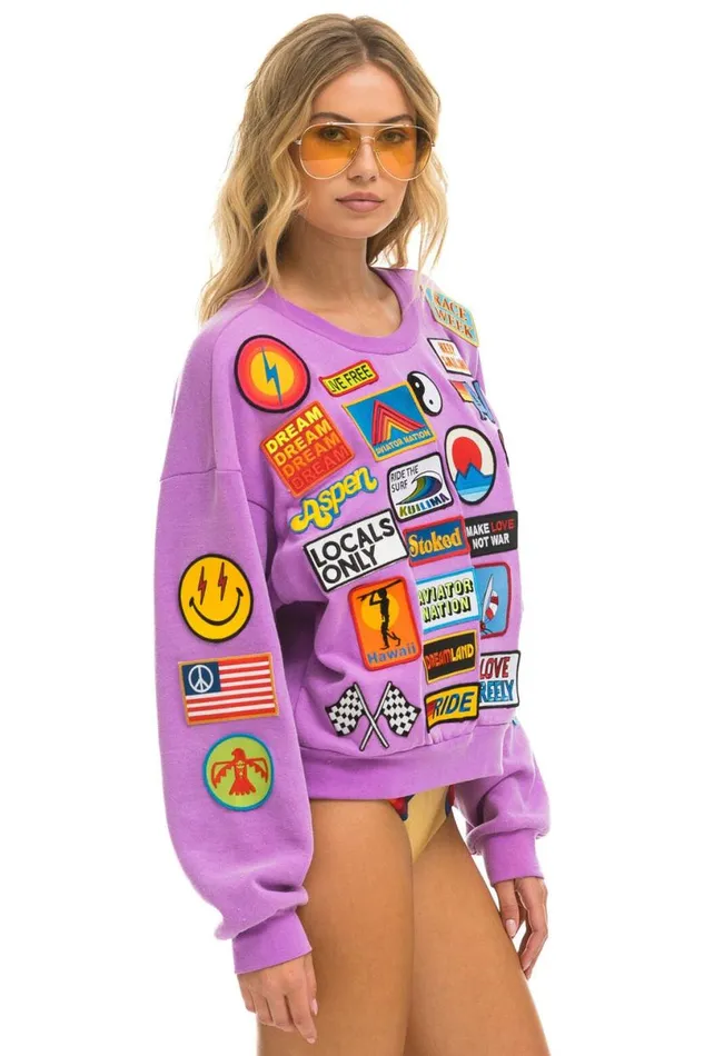Vintage Patch Relaxed Crew Sweatshirt 8211 Neon Purple WomenMen Aviator Nation Sweatshirts
