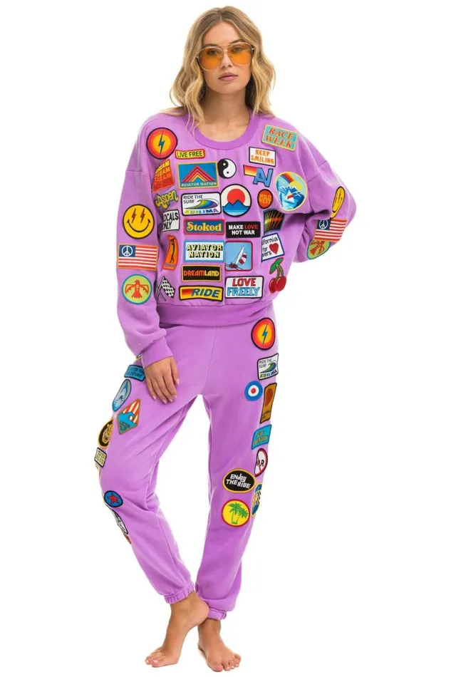 Vintage Patch Relaxed Crew Sweatshirt 8211 Neon Purple WomenMen Aviator Nation Sweatshirts