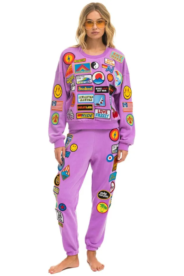 Vintage Patch Relaxed Crew Sweatshirt 8211 Neon Purple WomenMen Aviator Nation Sweatshirts