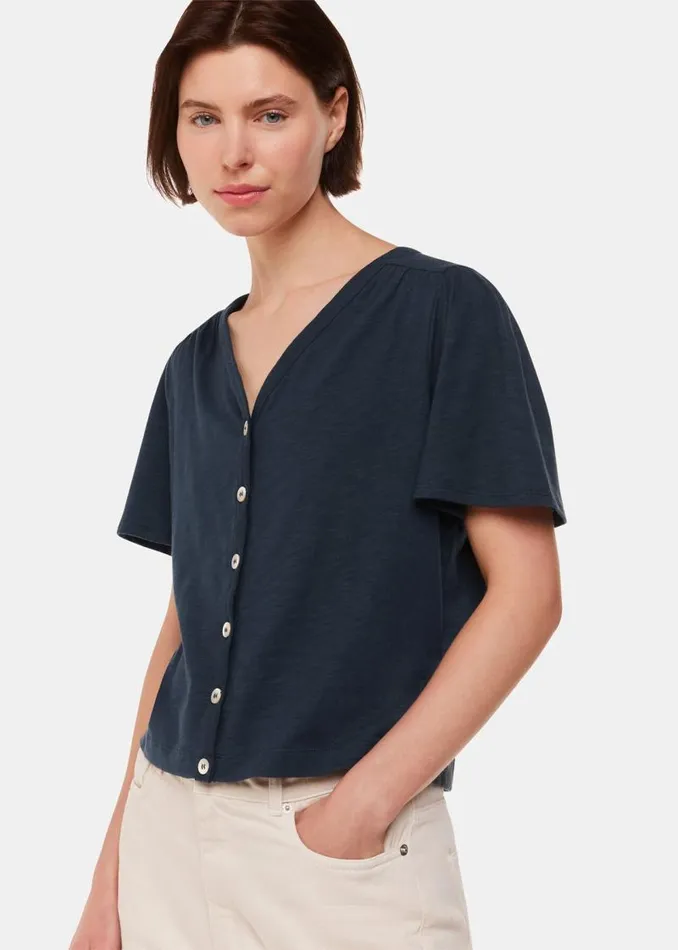 Whistles TShirts Navy Maeve V Neck Button Front Tee 8211 Women