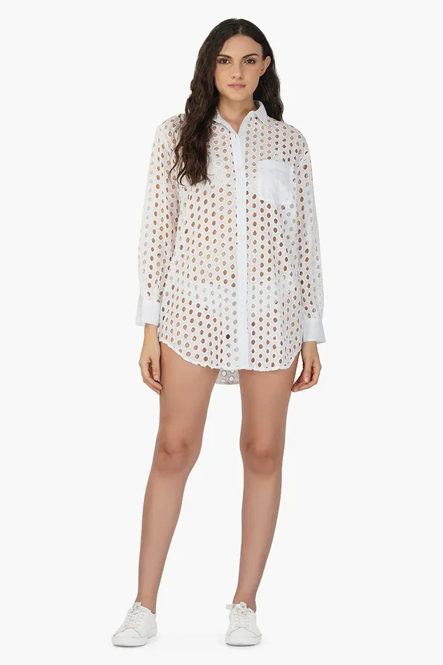 White Loop Long Cover Up Shirt Tops America and Beyond Women