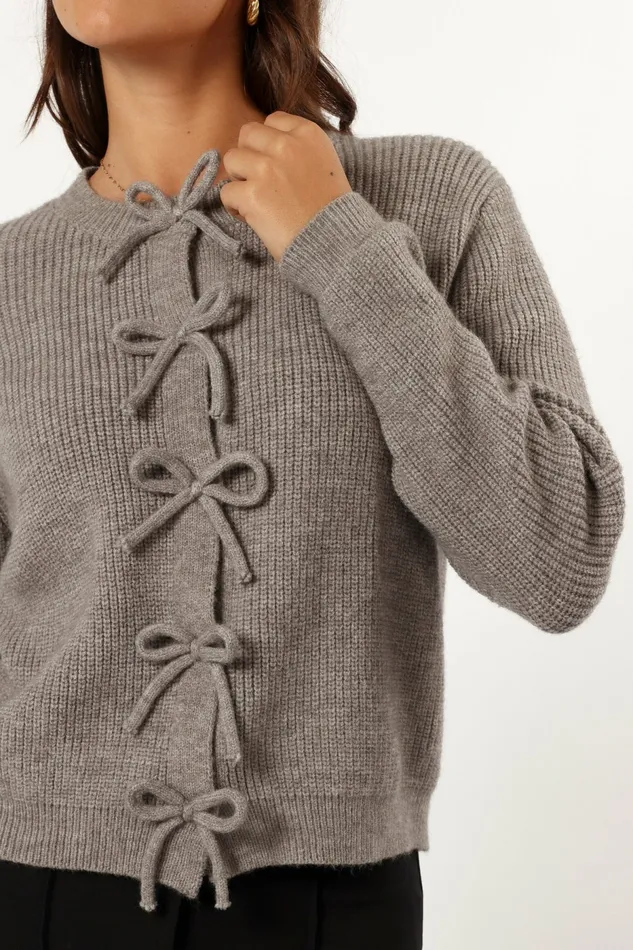 Wilde Bow Front Cardigan Light Grey Women Sweaters Petal and Pup