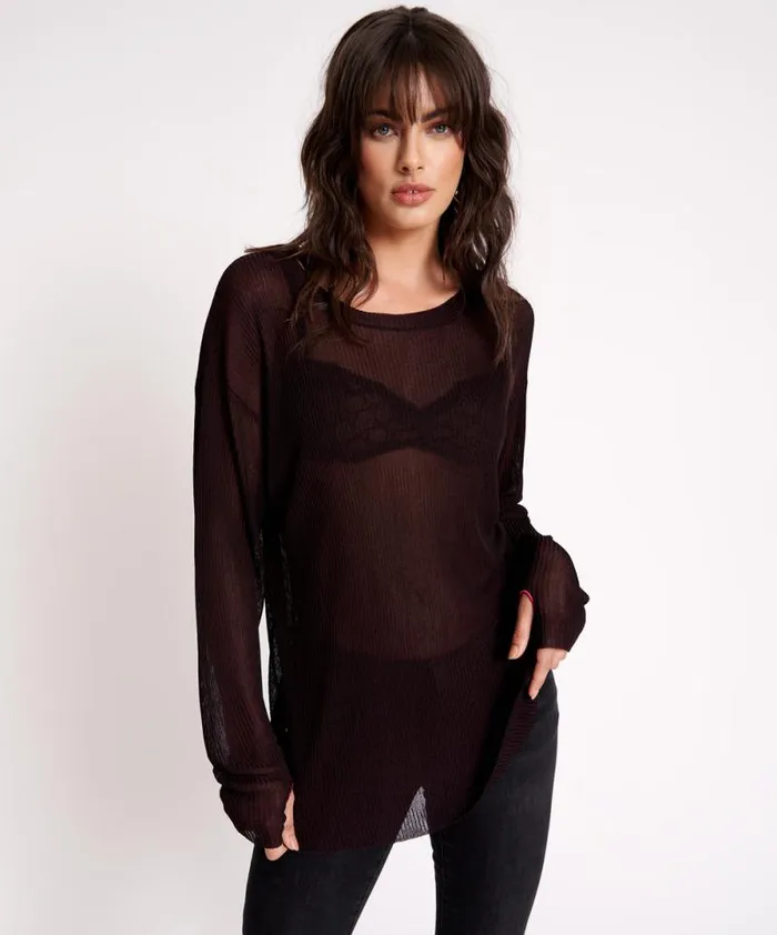 Women AMITY SHEER RIB KNIT TOP BLACK One Teaspoon Tops