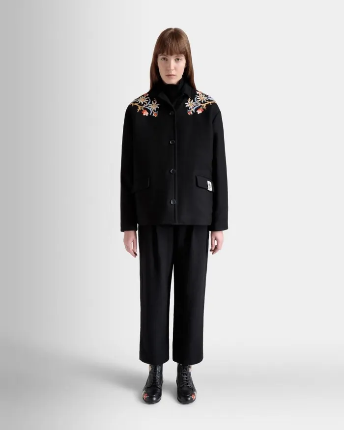 Women Bally Coats and Jackets Winter Capsule Jacket With Alpine Flowers In A Black Wool Blend Black Women Bally Coats and Jackets Winter Capsule Jacket With Alpine Flowers In A Black Wool Blend Black