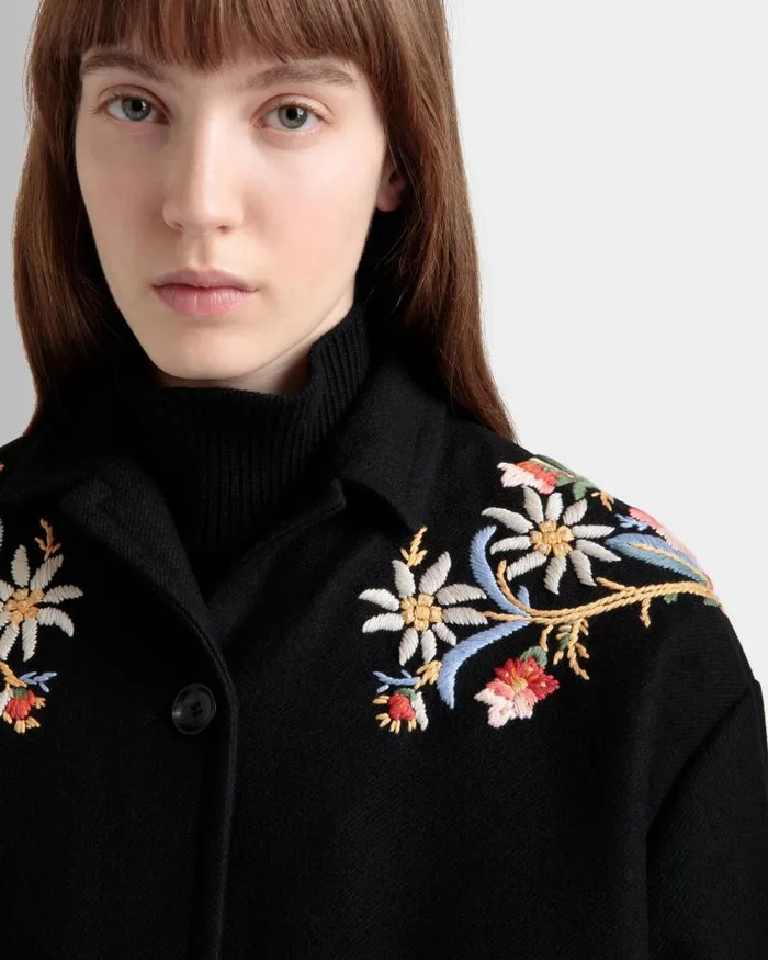 Women Bally Coats and Jackets Winter Capsule Jacket With Alpine Flowers In A Black Wool Blend Black Women Bally Coats and Jackets Winter Capsule Jacket With Alpine Flowers In A Black Wool Blend Black