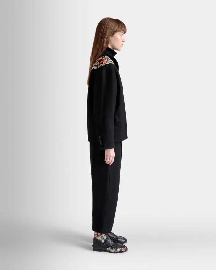 Women Bally Coats and Jackets Winter Capsule Jacket With Alpine Flowers In A Black Wool Blend Black Women Bally Coats and Jackets Winter Capsule Jacket With Alpine Flowers In A Black Wool Blend Black