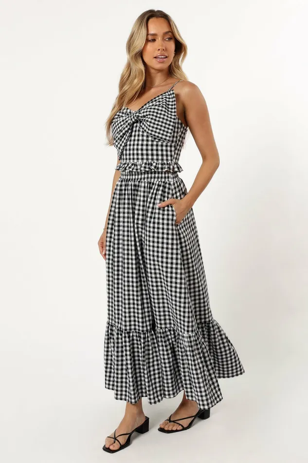Women Bambi Tiered Midi Skirt Black Gingham Matching Sets Petal and Pup