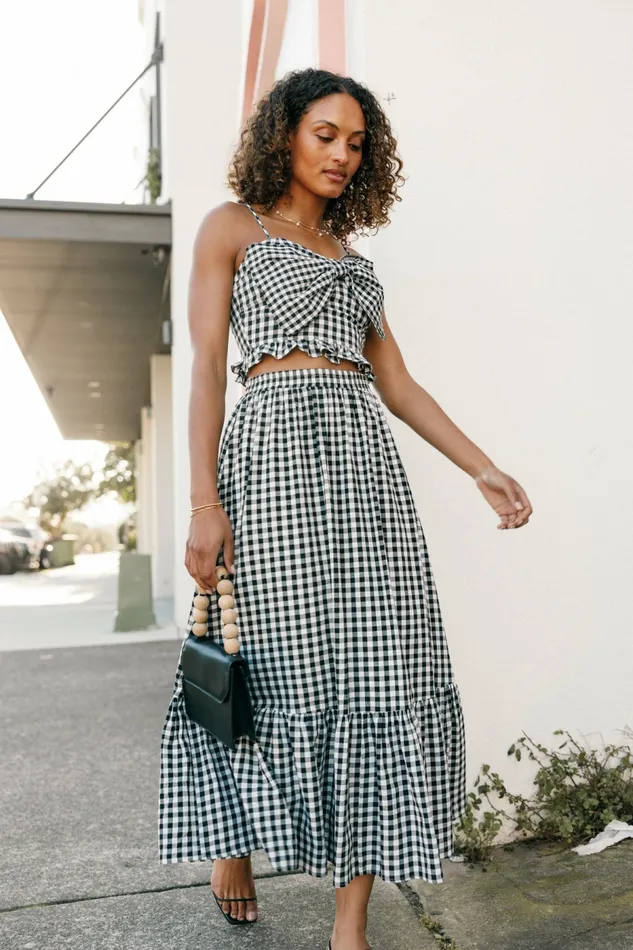 Women Bambi Tiered Midi Skirt Black Gingham Matching Sets Petal and Pup