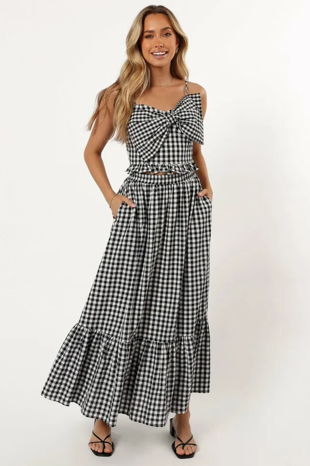 Women Bambi Tiered Midi Skirt Black Gingham Matching Sets Petal and Pup
