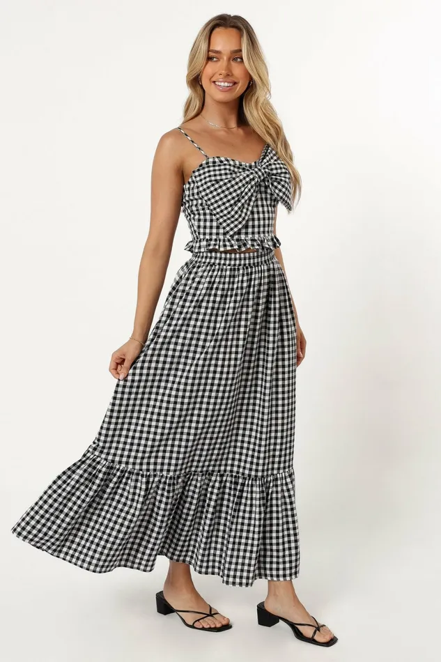 Women Bambi Tiered Midi Skirt Black Gingham Matching Sets Petal and Pup