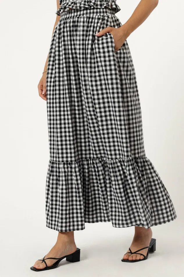 Women Bambi Tiered Midi Skirt Black Gingham Matching Sets Petal and Pup