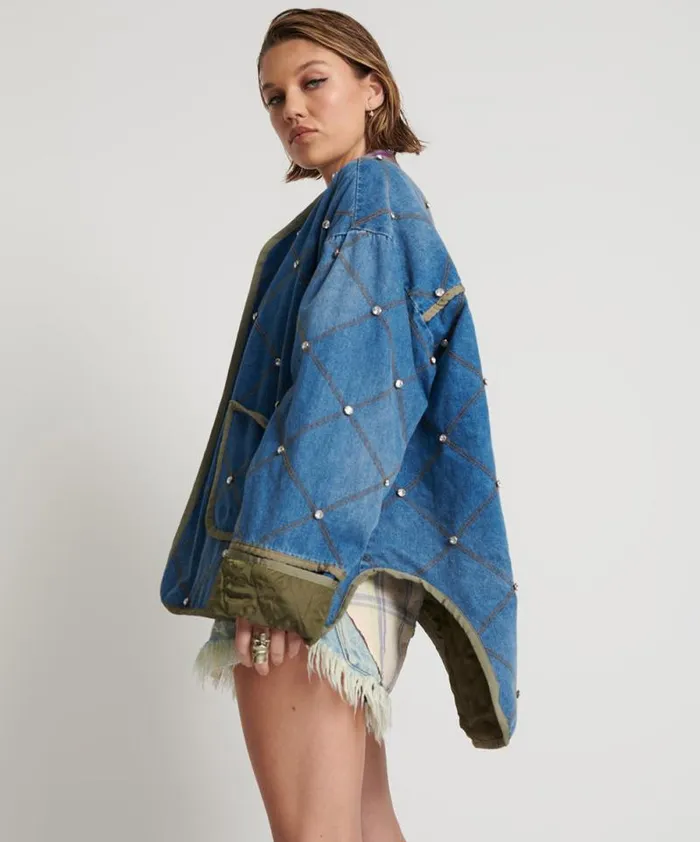 Women BAY BLUE QUILTED CRYSTAL STUDDED JACKET One Teaspoon Jackets Women BAY BLUE QUILTED CRYSTAL STUDDED JACKET One Teaspoon Jackets