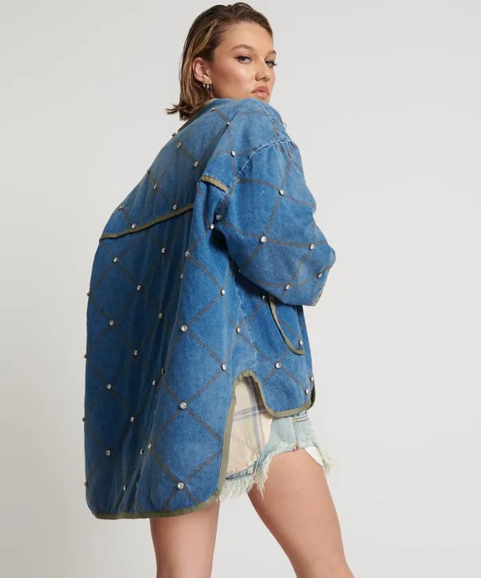 Women BAY BLUE QUILTED CRYSTAL STUDDED JACKET One Teaspoon Jackets Women BAY BLUE QUILTED CRYSTAL STUDDED JACKET One Teaspoon Jackets
