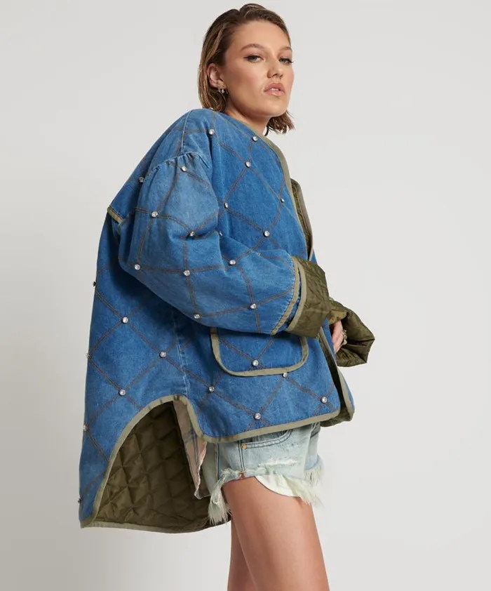 Women BAY BLUE QUILTED CRYSTAL STUDDED JACKET One Teaspoon Jackets Women BAY BLUE QUILTED CRYSTAL STUDDED JACKET One Teaspoon Jackets