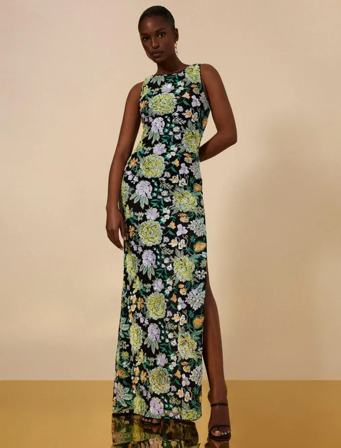 Women Bella Embroidered Floral Gown Black Combo BCBG Dresses