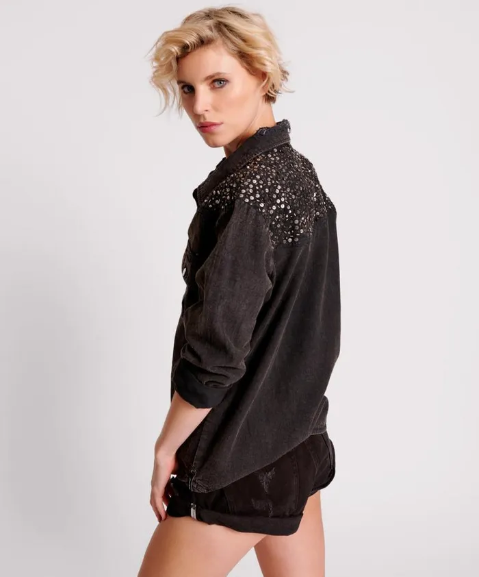Women BLACK HAND EMBELLISHED DENIM WESTERN SHIRT One Teaspoon Shirts Women BLACK HAND EMBELLISHED DENIM WESTERN SHIRT One Teaspoon Shirts