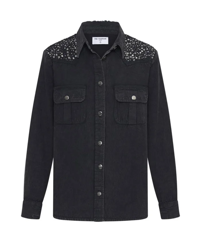 Women BLACK HAND EMBELLISHED DENIM WESTERN SHIRT One Teaspoon Shirts Women BLACK HAND EMBELLISHED DENIM WESTERN SHIRT One Teaspoon Shirts